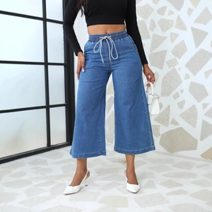 Jeans Jambe Large Mélange Coton Denim Cordon Taille Élastique Court Longueur Cheville Décontracté Mode Haute Extensibilité Femmes