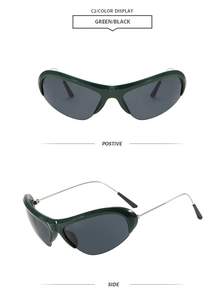 Detail view of Y2K half-frame sports sunglasses with metal temples in dark green and black