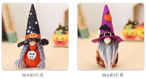 Detail of Halloween faceless gnomes with witch hats and skull necklace decorations