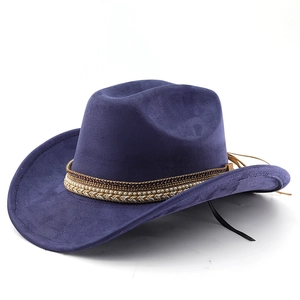 Detail of dark blue faux suede cowboy hat with beaded gold chain and woven band