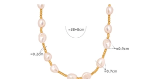 Detailed view of freshwater pearl necklace with gold beads and length measurements