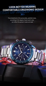 Close-up of a multifunctional blue chronograph watch with stainless steel band