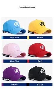 Color palette of baseball caps featuring big R embroidery and sports ribbon details