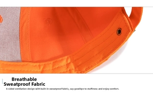 Detail view of orange cotton baseball cap showing ventilation eyelets and sweatband inside