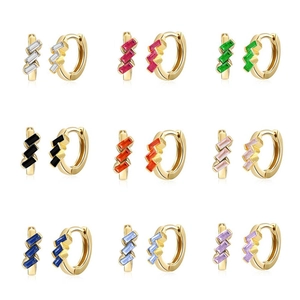 Baguette Cut Colorful Zircon Huggie Earrings Geometric Copper With 925 Sterling Silver Earring Post Hoop For Women