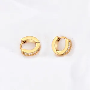 Minimalist gold stainless steel hoop earrings with white zircon stones for women