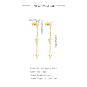 Detailed view of S925 sterling silver long chain earrings with AAAAA zircon and dimensions