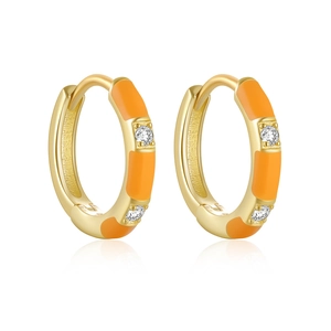 Detailed view of S925 silver gold hoop earrings with orange enamel and clear gemstones