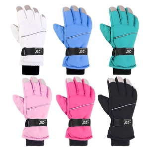 Detail of waterproof ski gloves in multiple colors with reinforced non-slip fingertips