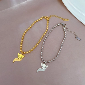 Titanium steel fox pendant bead bracelets in gold and silver finish with adjustable chains