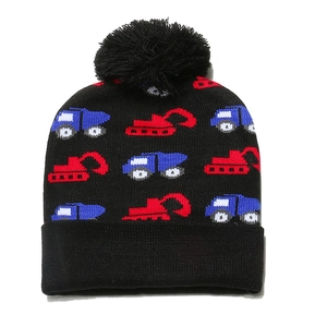 Kids black knit beanie with colorful excavator jacquard pattern and a large pompom