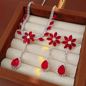 Luxury Floral Waterdrop Necklace And Earrings Copper Zircon Jewelry Vintage Palace Style Women Elegant Accessories