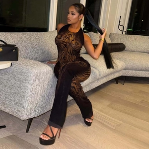 Sexy Mesh-Zweiteiler mit braunem Holzmuster, Halterneck-Top und weiter Hose für Damen