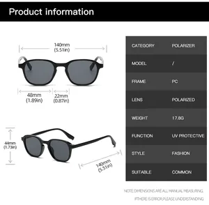 Detailed size chart and specifications for polarized fashion sunglasses with UV protection