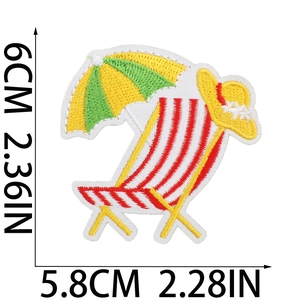 Detailed embroidery patch showing a beach scene with precise size 6cm by 5.8cm dimensions