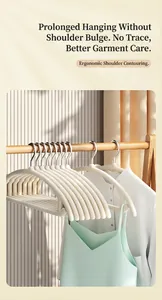Detail of ergonomic velvet hangers with anti-slip curved shoulders for clothes