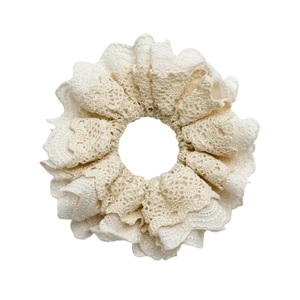 Beige hollow lace scrunchie with layered pleats for women, high-quality handmade hair tie