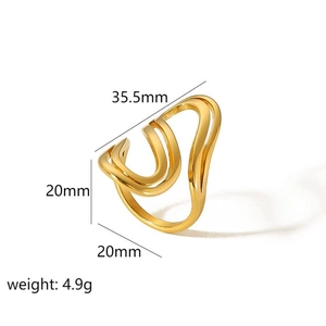 French vintage 18k gold plated stainless steel open ring with multilayer curved lines