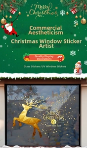 Detail of golden geometric reindeer UV window sticker with Merry Christmas text for glass