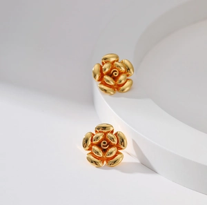 Elegant 18K gold plated brass camellia flower earrings with a layered petal design
