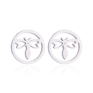 Bohemian silver stainless steel hollow bee round stud earrings on white background