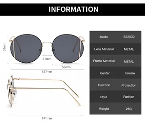 Detailed size chart for round metal sunglasses showing 137mm width and 141mm temple length