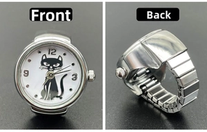 Front and back view of silver cat ring watch with elastic band and cartoon dial