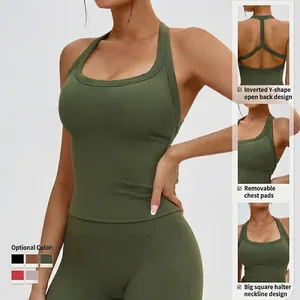 Canotta yoga da donna con scollo all'americana e schiena a Y in tessuto verde oliva elasticizzato