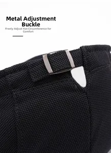 Detail of adjustable metal buckle and woven fabric texture on the back of a black cap