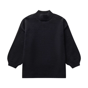 Detailed view of black long-sleeve knit sweater with ribbed mock neck, cuffs, and hem