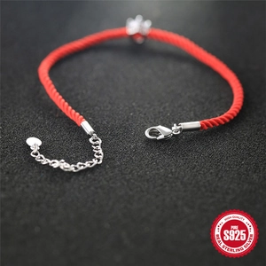 Classic 925 sterling silver red rope bracelet with lobster clasp and adjustable chain