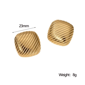 Detail of gold geometric square earrings with striped texture and 23mm size measurement