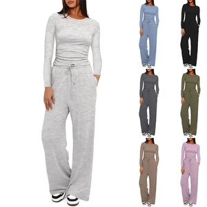 Set da donna 2 pezzi con maglia a maniche lunghe e pantaloni a gamba larga a vita alta