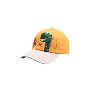 Yellow kids baseball hat with cartoon dinosaur embroidery and beige brim for boys and girls