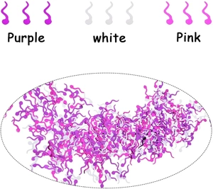 Detailed view of colorful sperm-shaped party confetti in purple, white, and pink mix