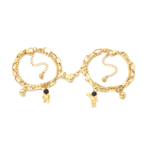 Gold stainless steel magnetic couple bracelets with astronaut charms and heart link