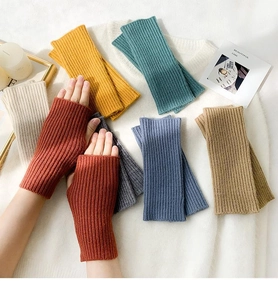 Macro shot of warm knit fingerless gloves featuring vertical ribbed texture in terracotta