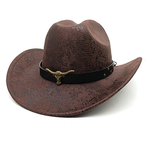 Detail of dark brown snakeskin western cowboy hat with golden bull head metal buckle