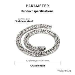 Detail einer 11mm breiten Edelstahl-Panzerkette mit Karabinerverschluss und Maßen