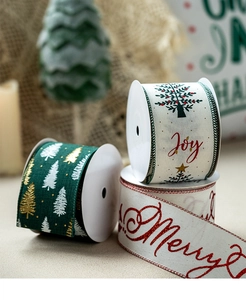 Close-up of decorative Christmas ribbons with Joy and Merry text on fabric texture