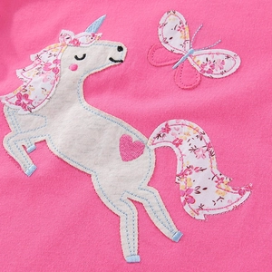 T-shirt rose vif à manches longues pour filles avec applique licorne et motif floral