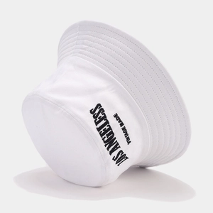 Close-up of white cotton bucket hat with black Los Angeles vintage embroidery detail