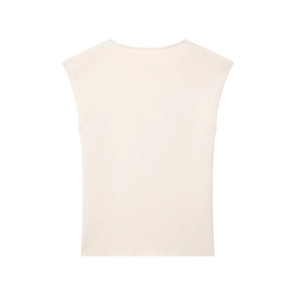 Close-up of beige sleeveless knit top showing fine texture and ribbed neckline detail