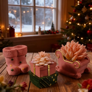 Christmas gift box and sleigh candle holders with frosted succulent tops decor