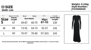 Detailed size guide and measurements chart for this slim-fit long sleeve maxi dress
