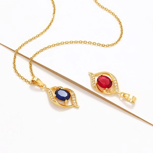 Elegant gold-plated necklaces with oval blue and red gemstones and zircon accents