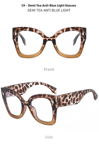 Detailed views of leopard print cat eye glasses with anti-blue light clear lenses