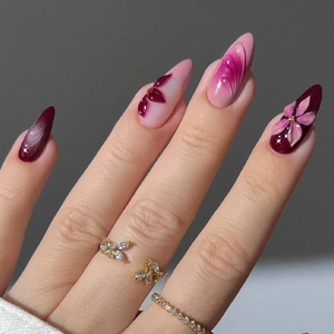 Handmade 3D Flower Press On Nails Purple Gradient Smudge Almond Shape Relief Fake Nails With Adhesive Tabs And File