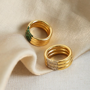 Luxury gold plated triple-layered stainless steel ring set with green and white zircons