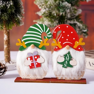 Christmas Gnome Tabletop Ornaments Wood And Faux Fur Deer Antlers Red Green Point Stripe Hat XMAS Sign Decor